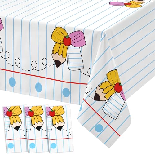 Oudain 4 Pcs Back to School Party Decorations Pencil Bow Tablecloths First Day of School 54 x 108 Inch Large Disposable Rectangle Notebook Tablecloths Cover for Preschool Kindergarten Party Supplies