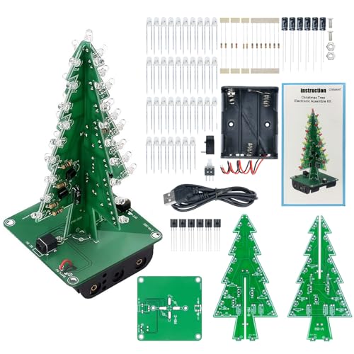 Cermant LED Flashing Christmas Tree DIY Kits，3D Xmas Tree Soldering Kit with 7 Colors DIY Electronic Assemble Kit for Learning Teaching STEM Educational, with Paper Instruction Manual