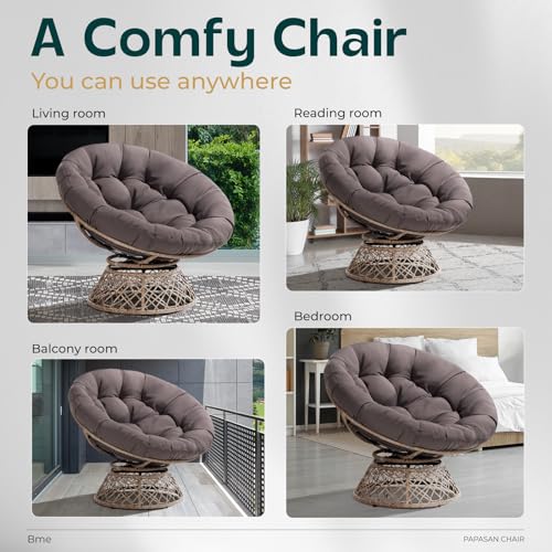 Image of Bme Ergonomic Wicker Papasan Chair with Soft Thick Density Fabric Cushion, High Capacity Steel Frame, 360 Degree Swivel for Living, Bedroom, Reading Room, Lounge, Smoky Quartz - Brown Base
