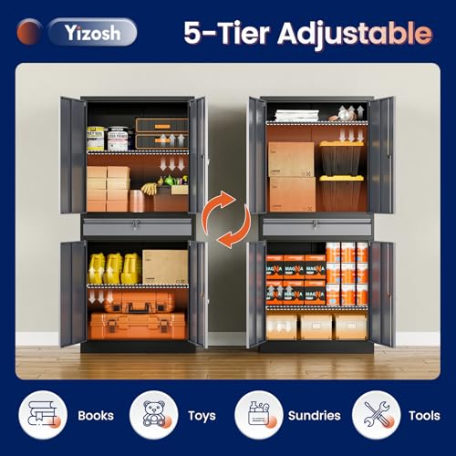 Image of Yizosh Metal Garage Storage Cabinet with Locking Doors and Adjustable Shelves, 71 inch Steel Tool Storage Cabinet with 1 Drawer for Garage,Office,Warehouse (Gray Black)