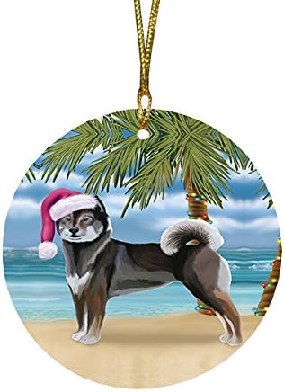 Summertime Tropical Island Beach Aiku Dog Round Flat Ornament - Pet Decorative Hanging Ornaments for Christmas X-mas Tree Decorations - 2.75" Round Flat Ceramic Christmas Ornament POR1229