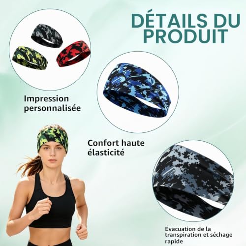 5 Pièces Sport Bandeaux Élastiques Homme, Bandeau Cheveux Serre Tete Homme Antidérapants, Absorption Transpiration, Respirant, Protection UV, Bandeau pour Sport, Running, Fitness, Yoga – vue 3