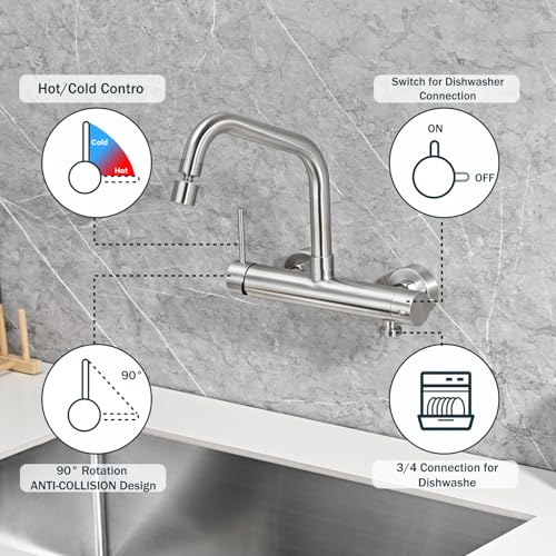 BuntHaus Wasserhahn Küche Wandmontage mit 3/4 zoll Anschluss für Geschirrspüler/Waschmaschine, Edelstahl Wandarmatur Küche mit 2 Strahlarten, Küchenamatur mit Flexibler Auslauf