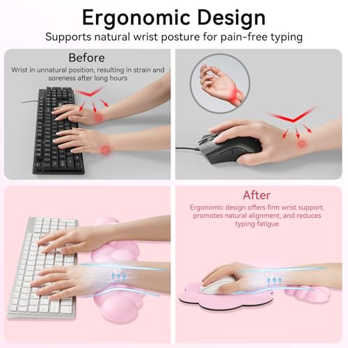 Image of Sushret Cloud Wrist Rest for Computer Keyboard, 4-in-1 Memory Foam Leather Cloud Keyboard Wrist Rest and Mouse Pad Set with Ergonomic Support for Arm and Palm Cushion, Gaming /Work Setup, Pink | Memory Foam, Leather, 4-in-1 Cloud Keyboard Wrist Rest Set with Ergonomic Support for Arm and Palm Cushion, Gaming /Work Setup