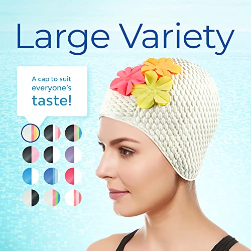 Beemo Latex Swimming Cap for Women, Swim Cap for Long Hair or Short Hair, Bath & Swim Caps to Shield Hair from Damage, Use as Large Shower Cap, White Swimming Cap with Pink & Yellow Flowers