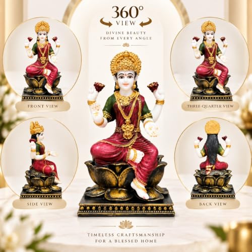 Image of ARMONIA Laxmi Mata Idol with Lotus Throne & Golden Crown | Mahalakshmi Devi Murti for Home Mandir, Pooja Room, Living Room & Office | Lakshmi Statue for Varalakshmi, Diwali & Housewarming Gift | 13 cm