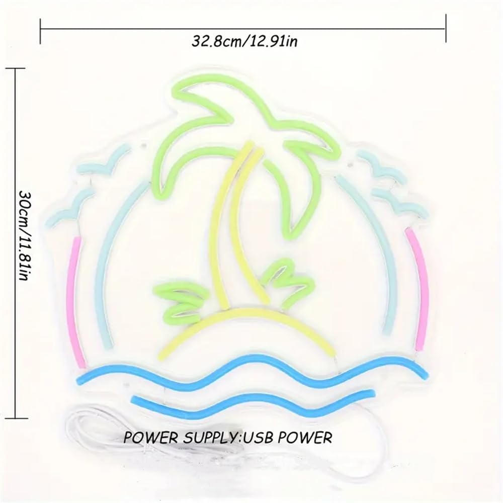Panneau néon LED alimenté par USB en forme de cocotier et scène de plage pour fêtes, bière, bar, café, plage, paysage naturel, décoration pour boissons froides, lait, thé