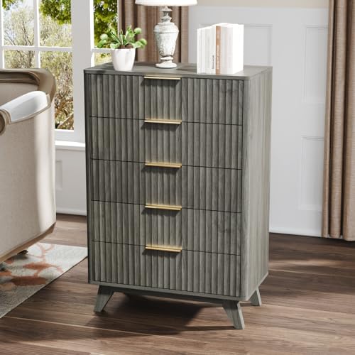 Image of VINGLI Fluted Tall Dresser 5 Drawer Grey Chest of Drawers, Wood Dresser with Rounded Edges, Gray Chest Dressers for Bedroom, 29.92 inch W*15.6 inch D*44.88 inch H