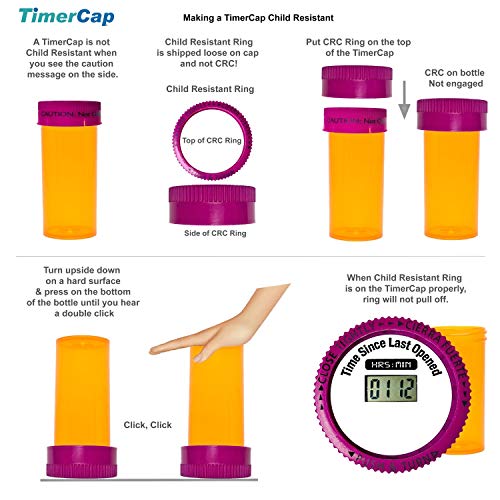 TimerCap Automatically Displays Time Since Last Opened - Built-in Stopwatch Smart Pill Bottle Cap Medication Reminder Case (Qty 4-1.8 oz Amber Bottles) EZ -Twist/CRC