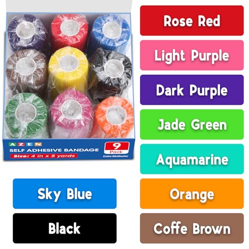Image of AZEN 9 Pack Self Adhesive Bandage Wrap, 4 inch X 5 Yards Elastic Cohesive Bandage Wrap, Color Athletic Tape, Tattoo Grip Tape Wrap, Vet Wrap, Ankle Tape