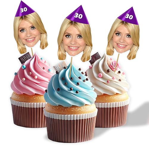 20 Personalised Face Photo Cupcake Topper Cake Decorations - Optional Hat Design - for Birthday Anniversary Stag Hen Party - includes all fixings 18th 21st 30th 40th 50th 60th 70th (20 Toppers)