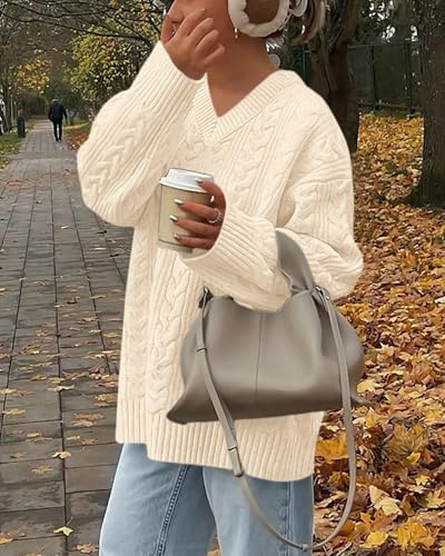 Okiwam Women's Oversized Sweaters Long Sleeve V Neck Cable Knit Pullover Tops Fall Outfits Winter Fashion Clothing 2026-XXL Beige — view 3