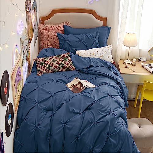 Image of Bedsure Twin Comforter Set Navy Blue - Bed in a Bag Twin Size Bedding 5 Pieces, GentleSoft Pintuck Bed Set Gift for Family, All Season Down Alternative Comforter with Sheets, Pillowcase & Sham