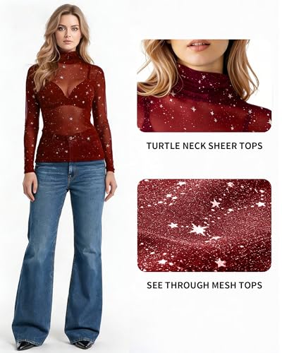 Image of MANGOPOP Women's Long Sleeve /Short Sleeve Glitter Sheer Mesh Tops T Shirt Blouse Clubwear, 1111 (Red), XXL