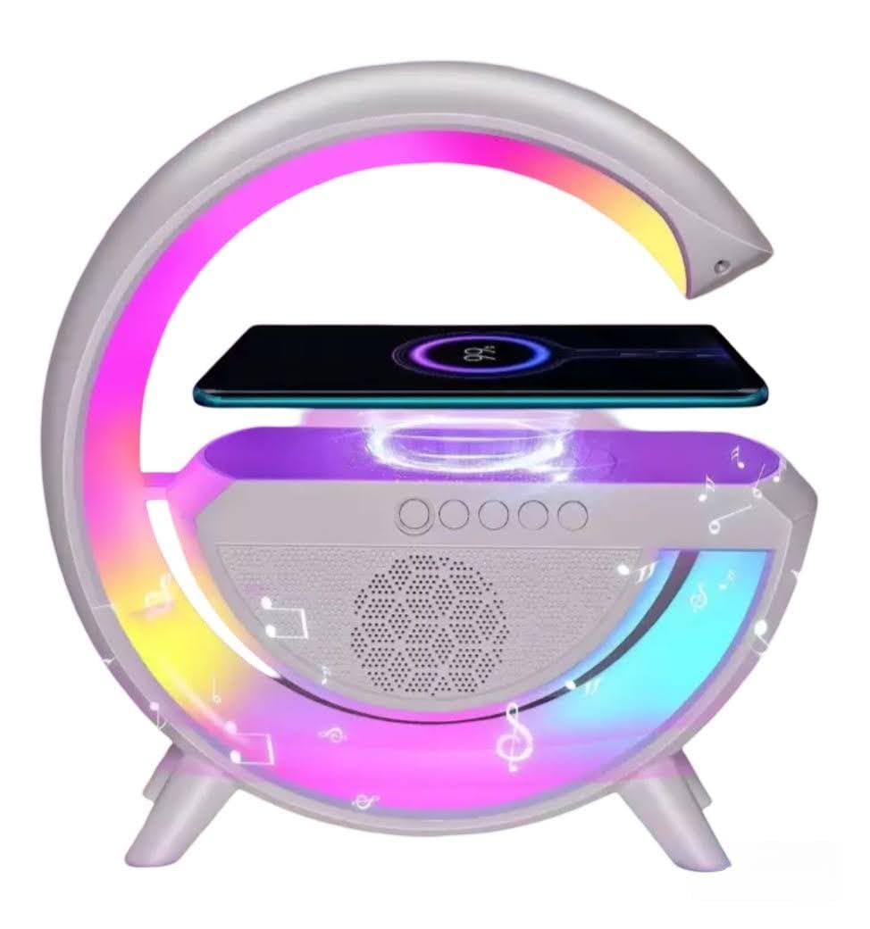 G-Shaped Bluetooth Speaker Night Lamp with Wireless Charger | 7-Color LED Ambient Light | FM Radio | Smart Bedside Table Lamp for Bedroom, Desk & Gift | Multifunctional 3-in-1 Gadget-image-36