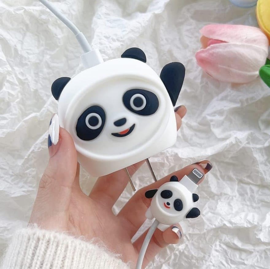 Image of Cable Protector with 3D Cute Pattern for iPhone Charger only18W & 20W | Data Line Wire Saver Charger Protective Cable Full Protection Set of-1 (White Panda-)