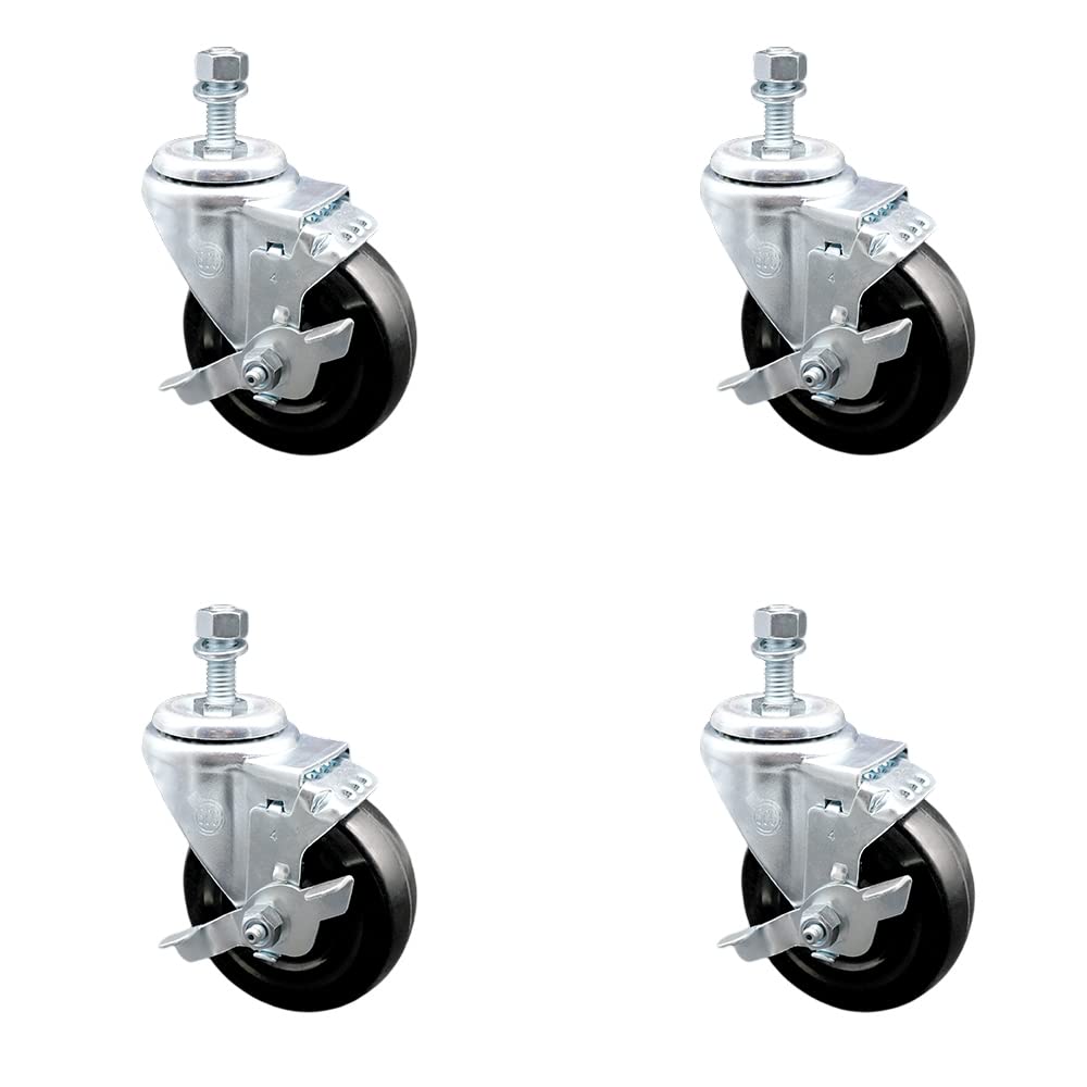 Hard Rubber Swivel Threaded Stem Caster Set of 4 w/4" x 1.25" Black Wheels and 12mm Stems - Includes 4 with Top Lock Brakes - 1200 lbs Total Capacity