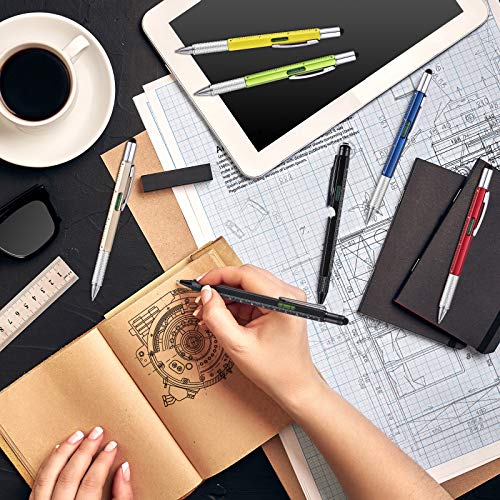 10 Pieces Multitool Pen Set, 9 Pieces 6 in 1 and 9 in 1 LED Light Touchscreen Multifunctional Stylus Pen with Ruler Level Bottle Opener Screwdriver, 10 Refills for Men (Multi-color)