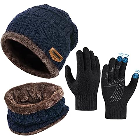 Kids Winter Hat Scarf Gloves Set - Warm Thermal Knitted Beanie Cap Snood Neck Warmer Touchscreen Anti-slip Mitten Outdoor Sports Soft Fleece Lining Elastic for Children Boys Girls Navy Blue Aged 5-10 Cover