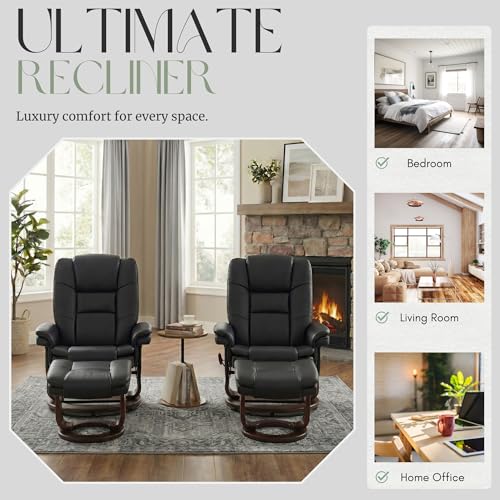 Image of Swivel Recliner Chair with Ottoman Reclining Lounge Sofa Footrest, Set of 2 | 360Sturdy Wood Base, Soft PU Leather, Upholstered Ultra-Plush Foam, Modern Armchair, Living Room Bedroom Office Reading Home