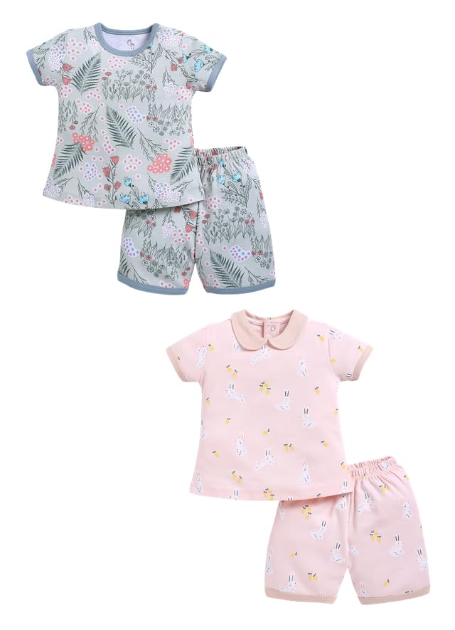 Image of Baby Girls 100% Cotton Printed Half Sleeve T-shirt & Short Summer Clothing Sets (Pack Of 2)