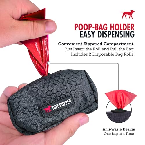 Image of Tuff Pupper Dog Poop Bag Holder | Works with Any Dog Leash | Zippered Waste Bag Dispenser | Waterproof with Rust-Proof Clip | Convenient Lightweight Design | Includes 2 Rolls of Leak-Proof Bags