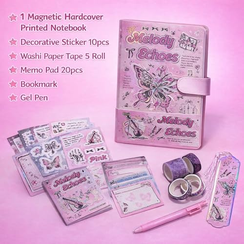 Image of PLUSPOINT Butterfly Aesthetic Scrapbook Kit for Girls - A5 Lock Diary Melody Echoes Theme with Stickers, Washi Tape, Memo Pads & Pen, Kawaii Journal Stationery Gift Set for DIY Scrapbooking