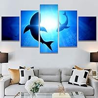 SIGNWIN 5 Panel Canvas Wall Art Modern Art Dramatic Fish Jellyfish Marine Life Multicolor Nautical Photography for Home Decorations Ready to Hang - 60