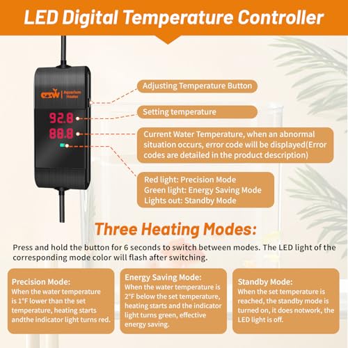 Image of azw 100W Aquarium Heater 25-45Gal Triple Auto Shutoff Safety & Memory Function | Dual Explosion-Proof Heating, Triple Safety Cutoff, LED Precise Control, Memory Function, Multi-purpose Aquarium Heater