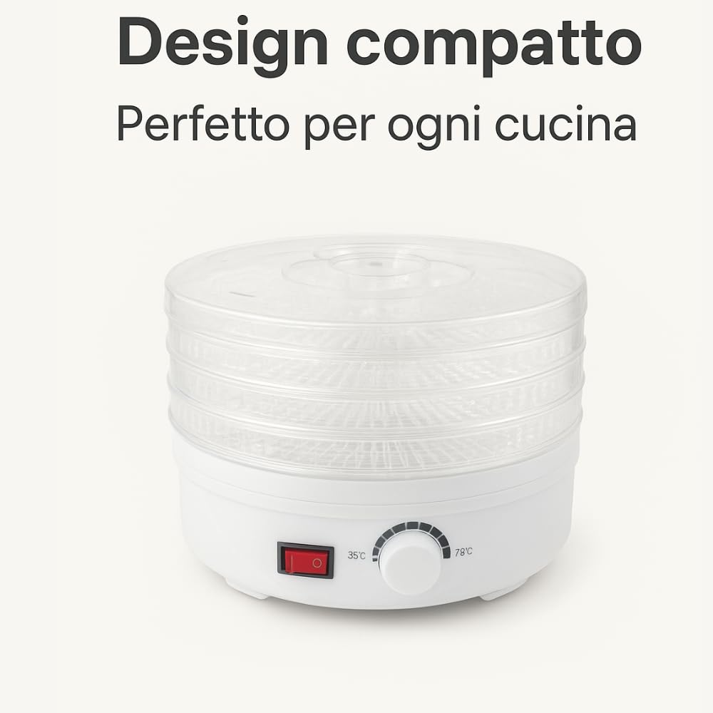 Essiccatore Alimentare 250W con 4 Vassoi – Essiccatore per Funghi, Frutta e Verdura Essiccatore per Alimenti Compatto, 8 Programmi, Ventola Potente, Facile da Usare