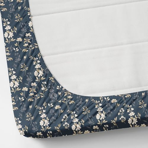 Image of Blue Strip 220TC Glace Cotton Elastic Fitted Floral Bedsheets Single Bed with 1 Pillow Cover | Single Bed with All Around Elastic, Size 42 X 75 Inches (Blue Bale Patti), Small Single