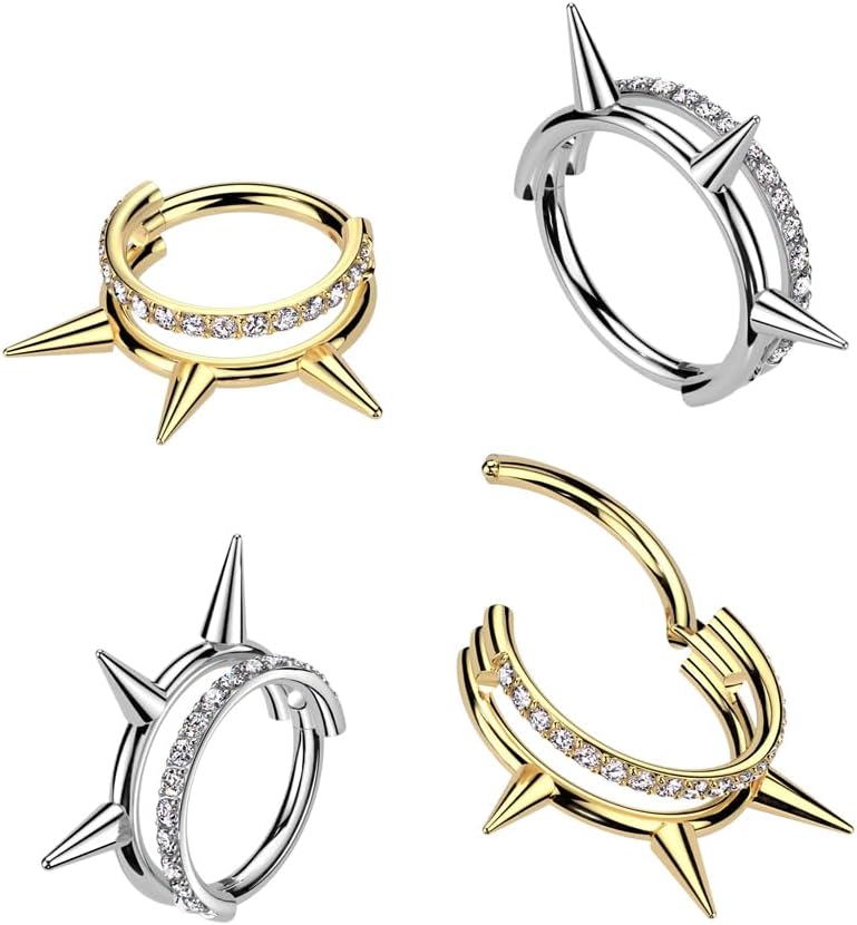 Pierced Owl 16GA ASTM F-136 Implant Grade Titanium CZ Crystal and Spikes Double Hoop Hinged Segment Clicker Ring
