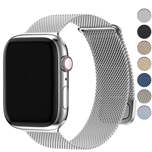 Fullmosa Correa Magnética Compatible con Apple Watch 42mm 41mm 40mm 38mm,Pulseras de Repuesto de Acero Inoxidable Milanese Loop para Series 11 10 9 8 7 6 5 4 3 2 1 SE3/2/1,Plata