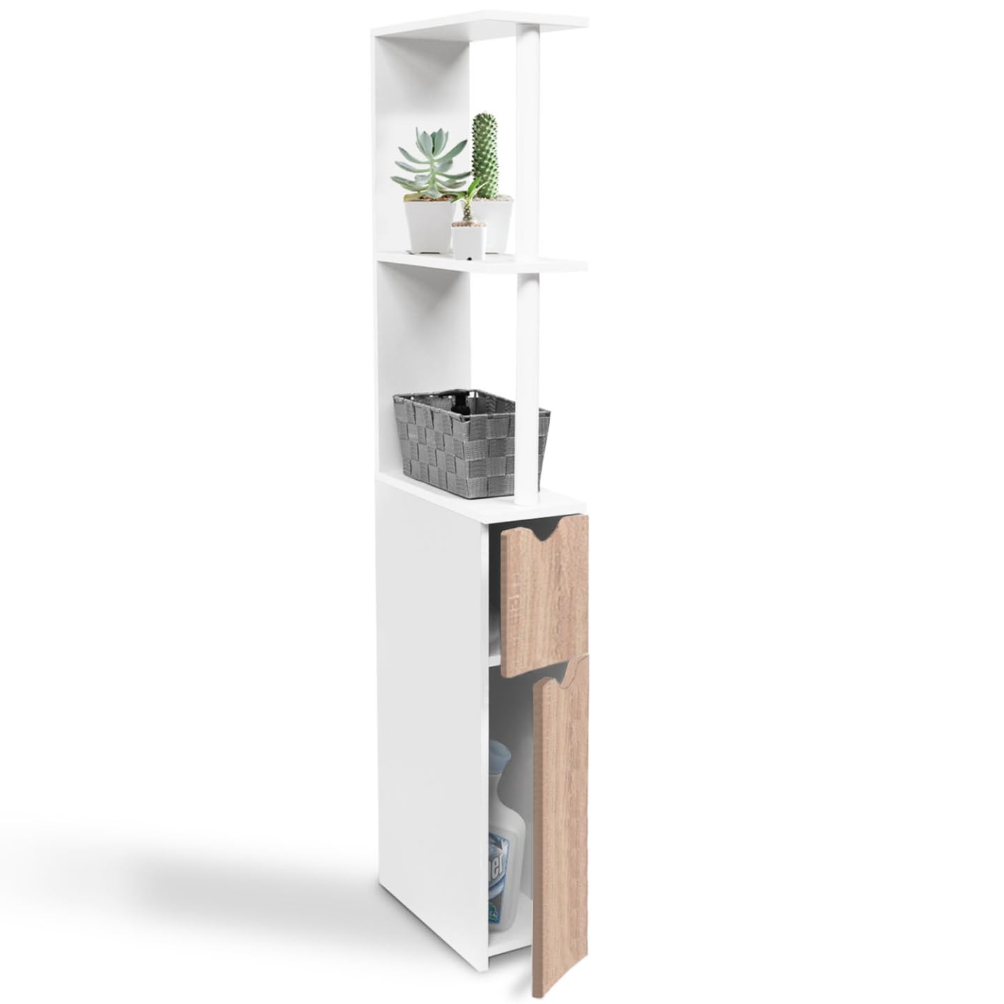 Probache - Meuble WC étagère Willy Bois 2 Portes Blanc et hêtre
