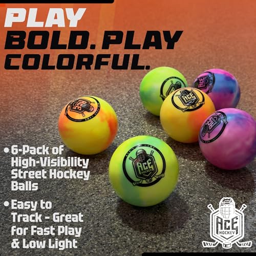 ACE HOCKEY Rainbow Street Hockey Balls - 6-Pack with Mesh Bag - No-Bounce Outdoor Play Balls for Street, Roller & DEK Hockey - Official Size 2 5/8\" - High Visibility Bright Colors - PVC Build