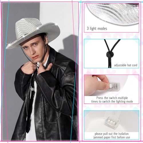 Image of Tisancy LED Lights Cowboy Cowgirl Hat Flashing LED Lights Cowgirl Hat for Wedding Western Bachelorette Party