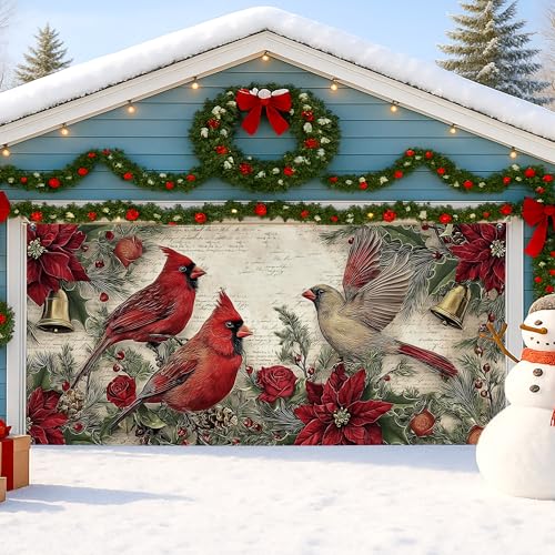 Couverture de porte de garage cardinal d'hiver, décorations de vacances vintage à fleurs rouges et vertes, toile de fond de fête de Noël, intérieur et extérieur, 397 x 180 cm