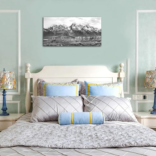 Farmhouse Rustic Barn Wall Art for Living Room Bedroom Large Size Grand Teton Black White Canvas Pictures Artwork Prints Snow Mountain Grassland Nature Landscape for Home Office Decor 29