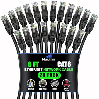 Maximm Cat6 Ethernet Cable 6 Ft, 10 Gbps, 550 MHz, Black, 20 Pack