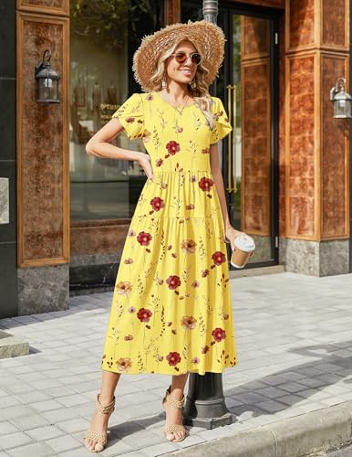 Image of Zeagoo Summer Dresses for Women 2026 Maxi Bohemian Floral Short Sleeve Long Dress Casual Flowy Tired Beach Sundress