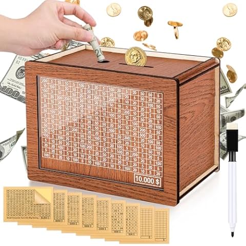 Wooden Money Box for Cash 10000, Plus Size 10000 Savings Challenge Box, Reusable Kakeibo Money Saving Box with 9 Saving Goals 10000 8000 5000 3000 2000 1000 500 Dollars for Kids Adults Cover