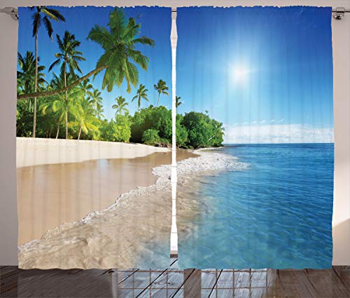 Ambesonne Tropic Curtains, Ocean Tropical Palm Trees on Sunny Island Beach Scene Panoramic View Picture, Living Room Bedroom Window Drapes 2 Panel Set, 108" X 108", Blue Green White