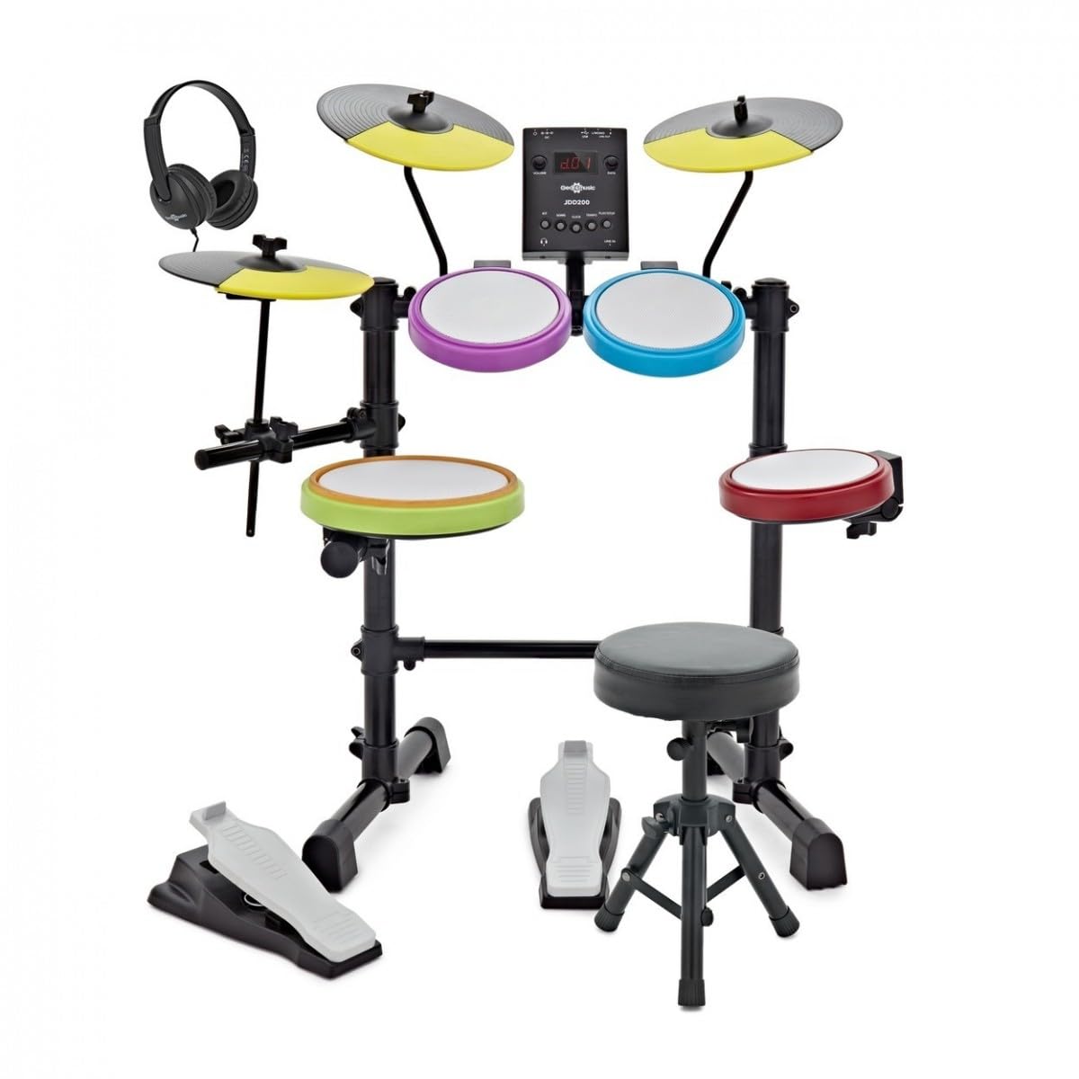 Gear4music Mesh-E-Drum-Set für Kinder mit Hocker und Kopfhörer | Komplettes 8-Teiliges Elektronisches Set für Junge Anfänger, 38 Sets mit 44 Songs und Metronom, Klappbar