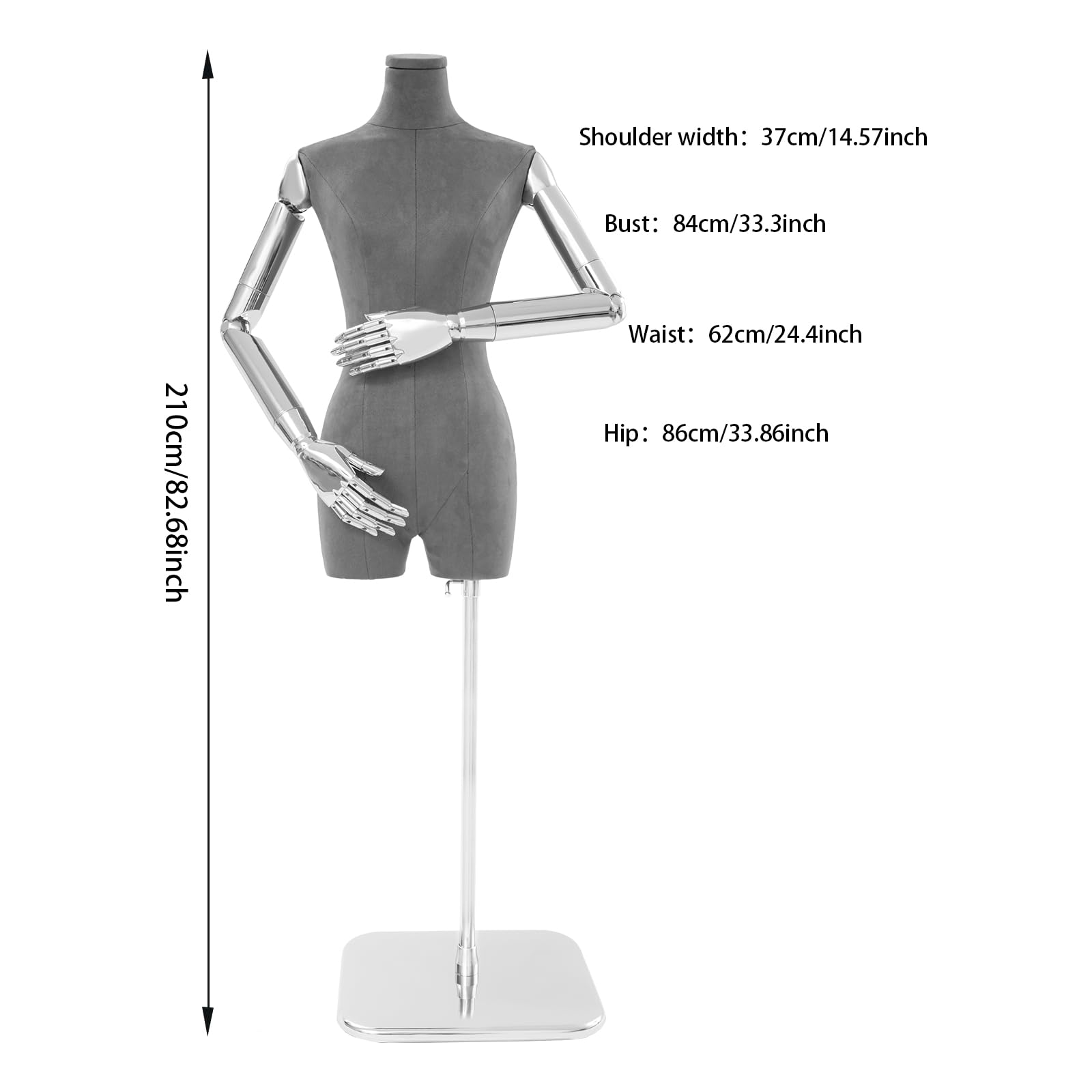 Mannequin de couture - Mannequin de vitrine femme - Avec hauteur réglable de 120 à 210 cm - Torse amovible - Avec tissu en daim - Pour exposer des vêtements - Argenté + gris