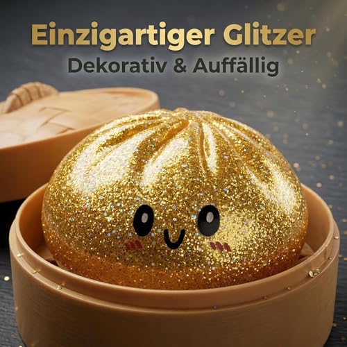 Dumpling Squishy,Squishy Dumpling Dumpling Fidget Toys, Anti Stress Spielzeug, Lustige Groß Glitzer Bao Bun Quetschball für Kinder und Erwachsene (Gold)
