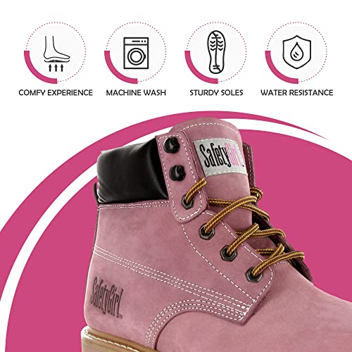 Image of Safety Girl - Stylish Steel Toe Boots For Women | Work Boots For Women | Water Resistant Feature | Lightweight & Slip-Resistant Soft Toe Shoes For Women | Premium Nubuck Leather | Light Pink - 7W