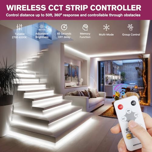 Image of EMITEVER COB LED Strip Lights 2700K-6500K Tunable White with Remote & 24V Power Supply, 16.4ft Dimmable CCT 24V LED Tape Lights Kit, High Density 3040LEDs,CRI90+ for Bedroom Room Lighting Home Decor