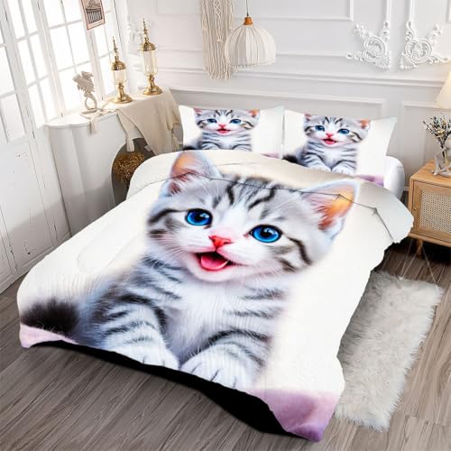 Parure de couette 220x240 chat microfibre coton linge de lit animal