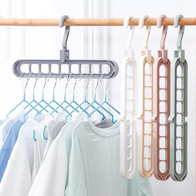 Image of Foldable Magic Hanger Space Saving Clothes Organizer | 9 Hole Multi Layer Wardrobe Hanger | Rotating Closet Organizer for Shirts, T-Shirts, Tops & Kids Clothes (Pack of 1, Multi Colour)