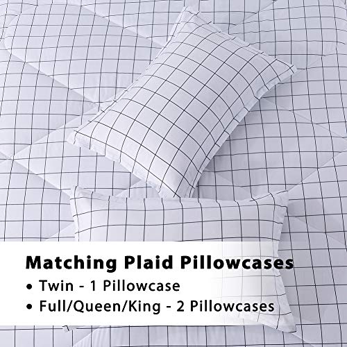 Andency White Grid Comforter Full(79X90Inch), 3 Pieces(1 Plaid Comforter And 2 Pillowcases) White Plaid Comforter Set, Microfiber Down Alternative Comforter Bedding Set #TOP5